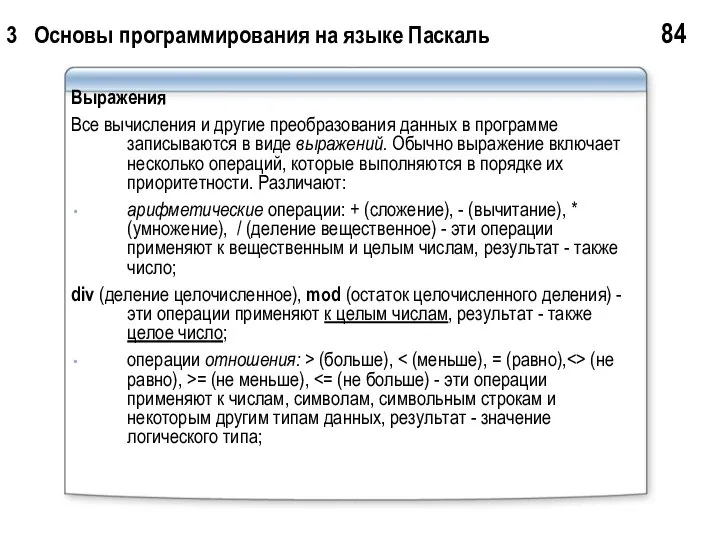 3 Основы программирования на языке Паскаль 84 Выражения Все вычисления и