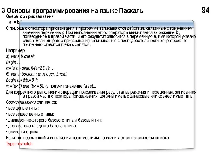 3 Основы программирования на языке Паскаль 94 Оператор присваивания a :=