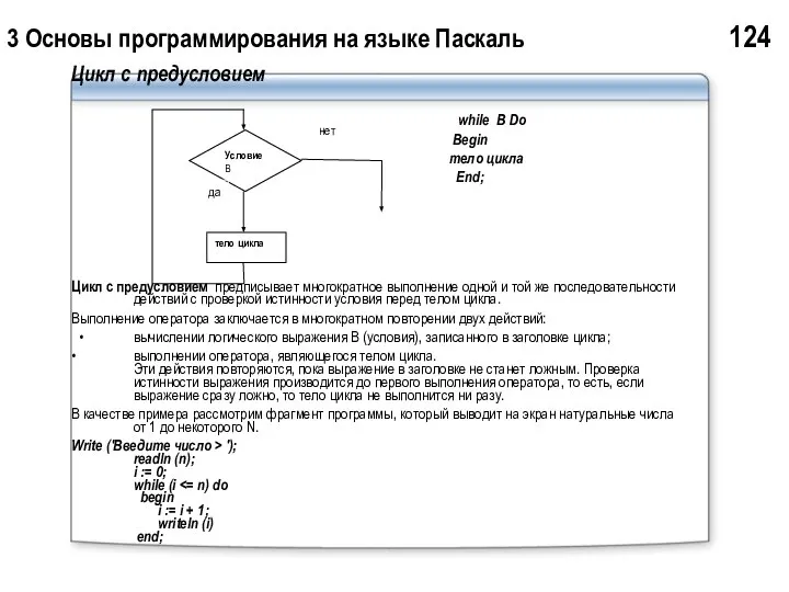 3 Основы программирования на языке Паскаль 124 Цикл с предусловием while