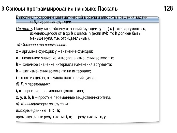 3 Основы программирования на языке Паскаль 128 Выполним построение математической модели
