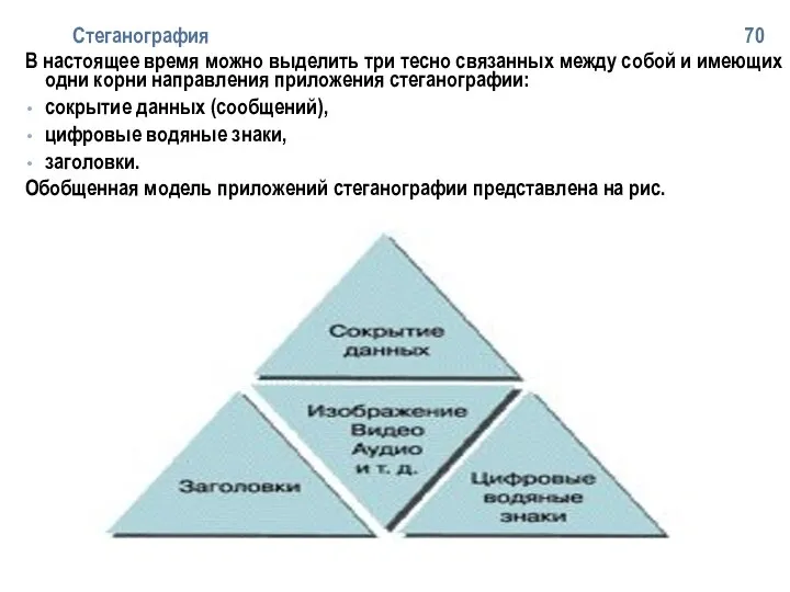 Стеганография 70 В настоящее время можно выделить три тесно связанных между