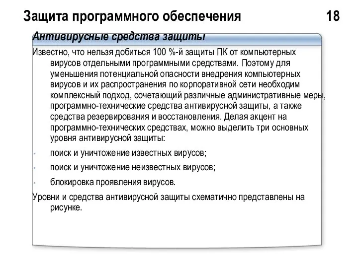 Защита программного обеспечения 18 Антивирусные средства защиты Известно, что нельзя добиться