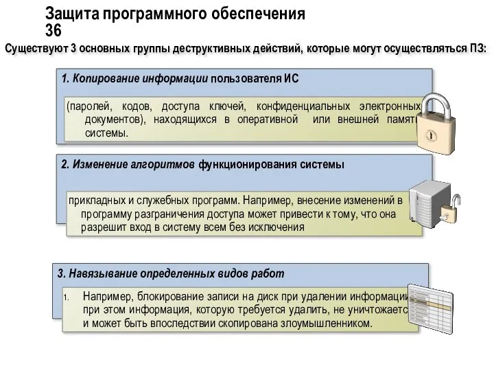 Защита программного обеспечения 36 1. Копирование информации пользователя ИС (паролей, кодов,