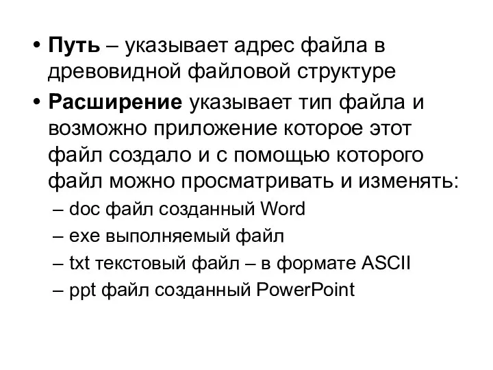 Путь – указывает адрес файла в древовидной файловой структуре Расширение указывает