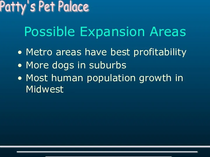 Possible Expansion Areas Metro areas have best profitability More dogs in