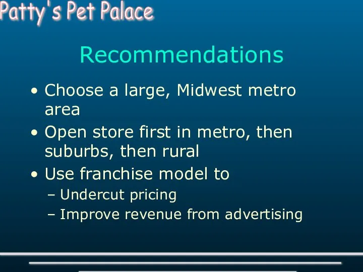 Recommendations Choose a large, Midwest metro area Open store first in