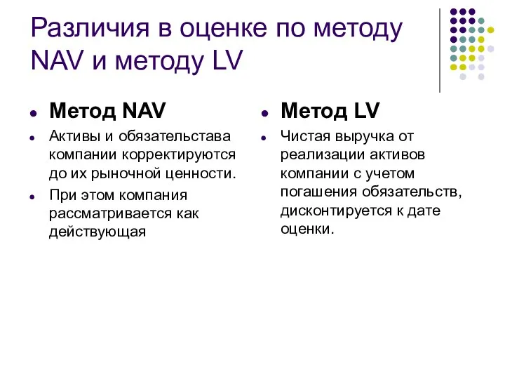 Различия в оценке по методу NAV и методу LV Метод NAV