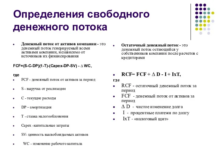 Определения свободного денежного потока Денежный поток от активов компании - это