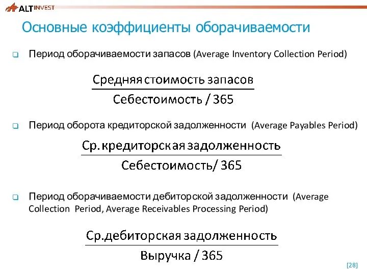 Основные коэффициенты оборачиваемости Период оборачиваемости запасов (Average Inventory Collection Period) Период