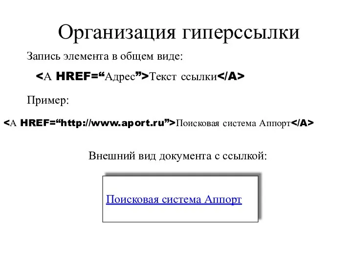 Организация гиперссылки Текст ссылки Запись элемента в общем виде: Пример: Внешний