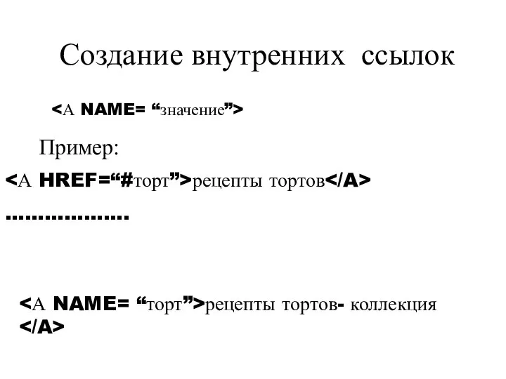 Создание внутренних ссылок Пример: рецепты тортов- коллекция рецепты тортов ……………….