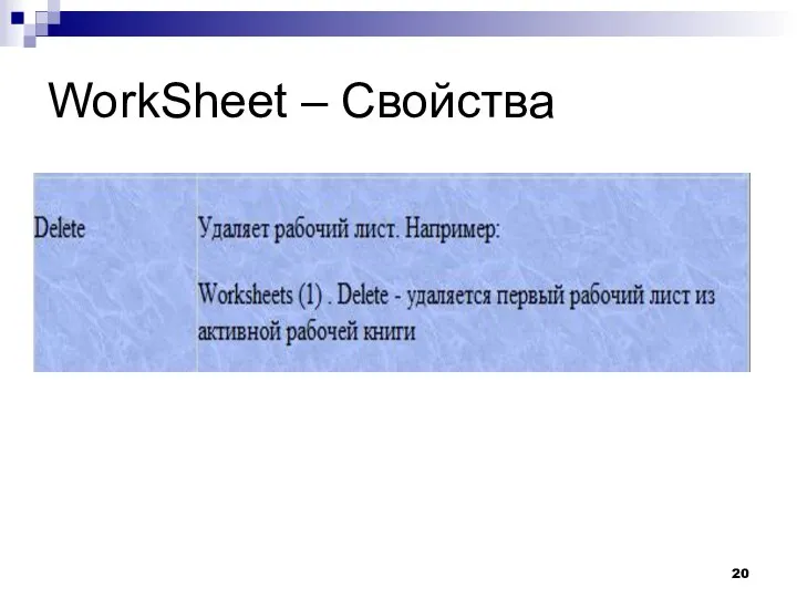 WorkSheet – Свойства