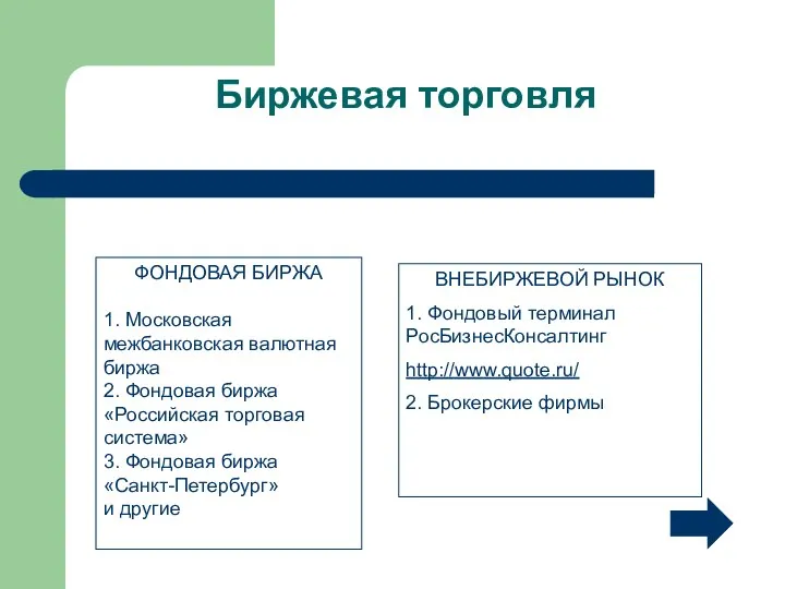 Биржевая торговля ВНЕБИРЖЕВОЙ РЫНОК 1. Фондовый терминал РосБизнесКонсалтинг http://www.quote.ru/ 2. Брокерские