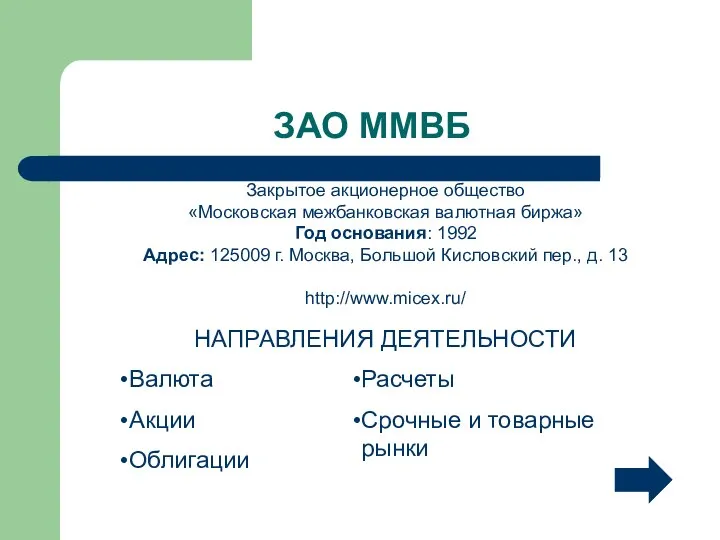 ЗАО ММВБ Закрытое акционерное общество «Московская межбанковская валютная биржа» Год основания: