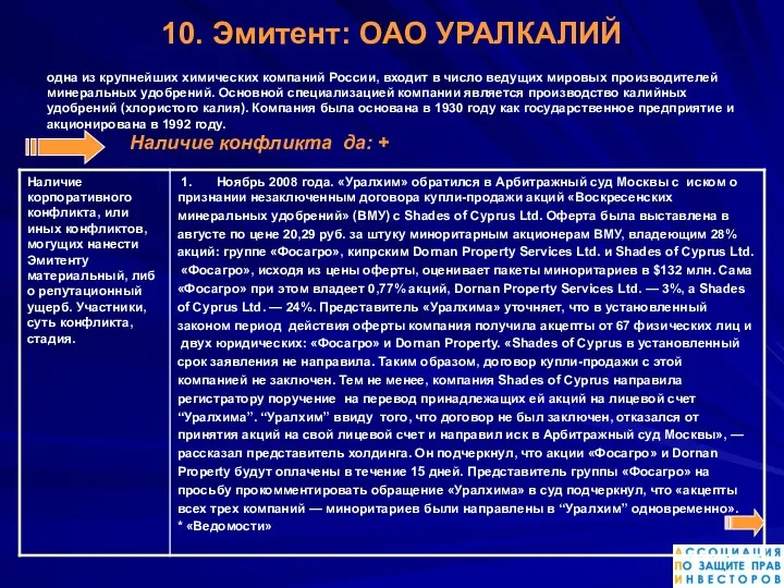 10. Эмитент: ОАО УРАЛКАЛИЙ одна из крупнейших химических компаний России, входит