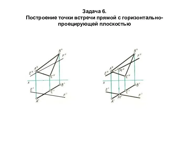 Задача 6. Построение точки встречи прямой с горизонтально-проецирующей плоскостью