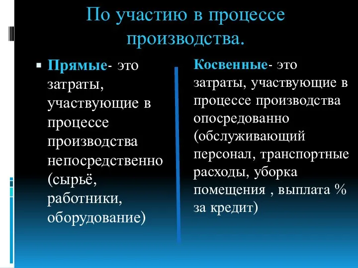 По участию в процессе производства. Прямые- это затраты, участвующие в процессе