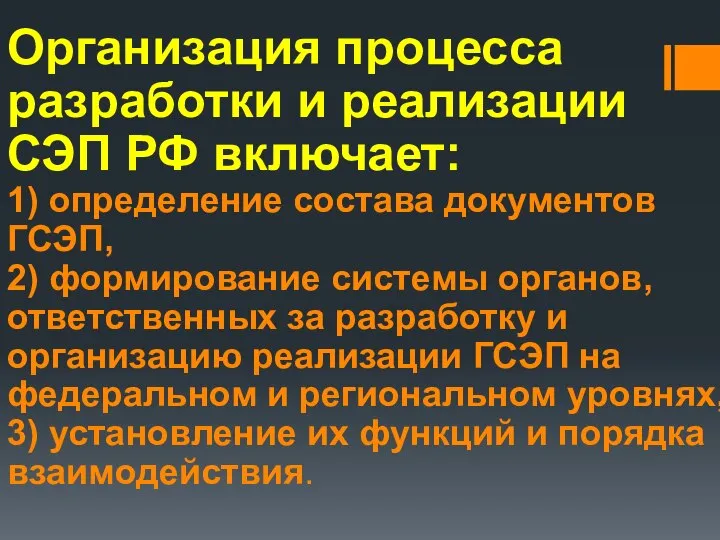 Организация процесса разработки и реализации СЭП РФ включает: 1) определение состава