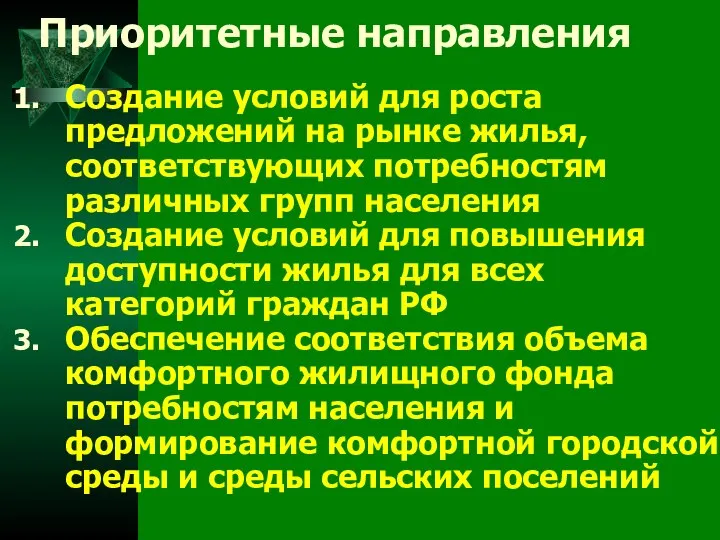 Приоритетные направления Создание условий для роста предложений на рынке жилья, соответствующих