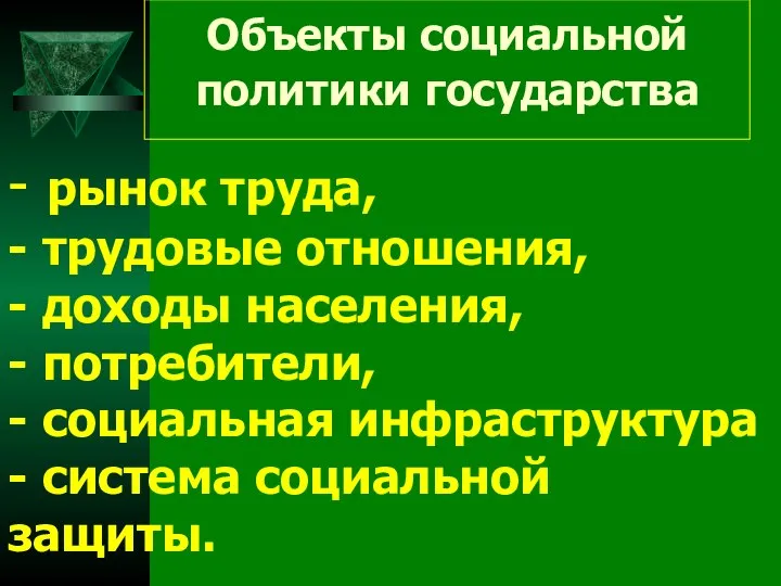 Объекты социальной политики государства - рынок труда, - трудовые отношения, -