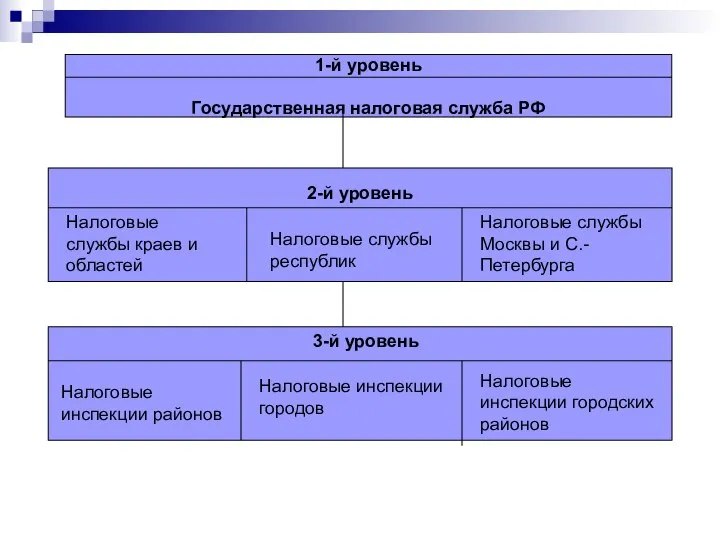 1-й уровень Государственная налоговая служба РФ 2-й уровень Налоговые службы краев
