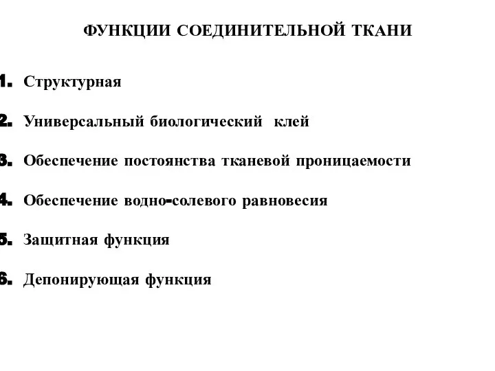 ФУНКЦИИ СОЕДИНИТЕЛЬНОЙ ТКАНИ Структурная Универсальный биологический клей Обеспечение постоянства тканевой проницаемости