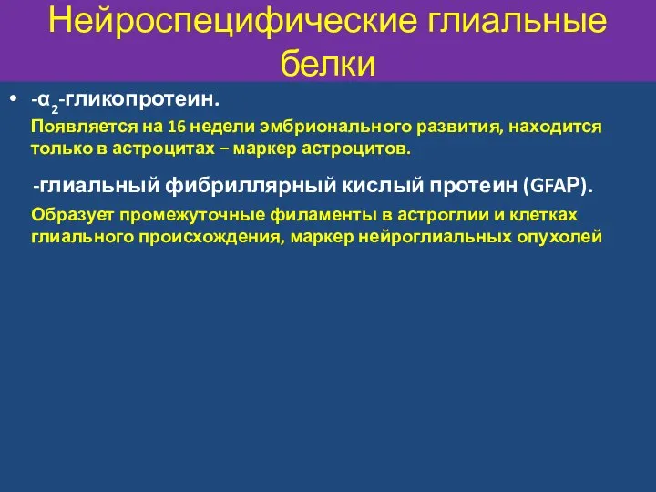 Нейроспецифические глиальные белки -α2-гликопротеин. Появляется на 16 недели эмбрионального развития, находится