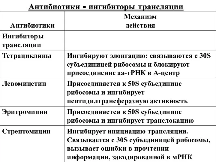 Антибиотики - ингибиторы трансляции