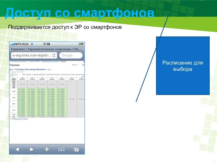 Доступ со смартфонов Поддерживается доступ к ЭР со смартфонов Расписание для выбора