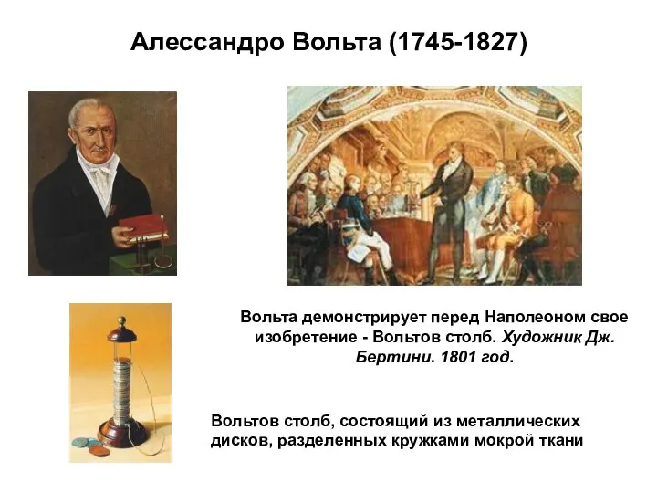 Алессандро Вольта (1745-1827) Вольта демонстрирует перед Наполеоном свое изобретение - Вольтов