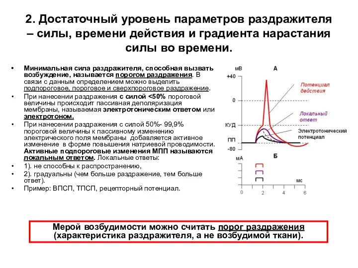 2. Достаточный уровень параметров раздражителя – силы, времени действия и градиента