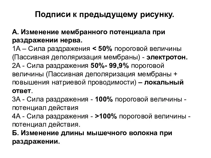 Подписи к предыдущему рисунку. А. Изменение мембранного потенциала при раздражении нерва.