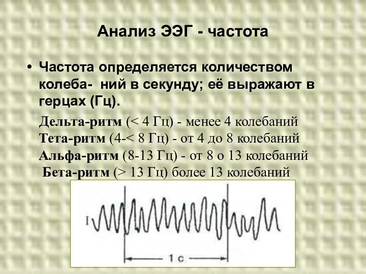 Анализ ЭЭГ - частота Частота определяется количеством колеба- ний в секунду;