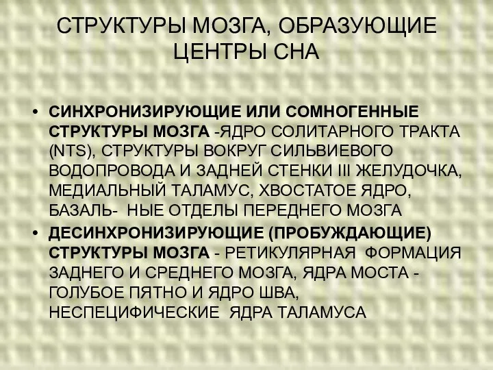 СТРУКТУРЫ МОЗГА, ОБРАЗУЮЩИЕ ЦЕНТРЫ СНА СИНХРОНИЗИРУЮЩИЕ ИЛИ СОМНОГЕННЫЕ СТРУКТУРЫ МОЗГА -ЯДРО