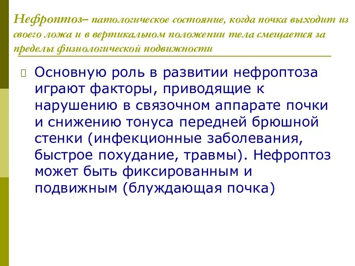 Нефроптоз– патологическое состояние, когда почка выходит из своего ложа и в