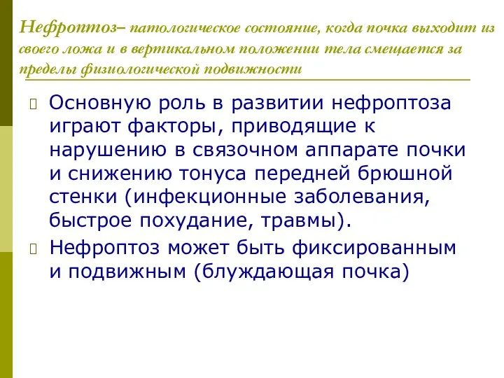 Нефроптоз– патологическое состояние, когда почка выходит из своего ложа и в