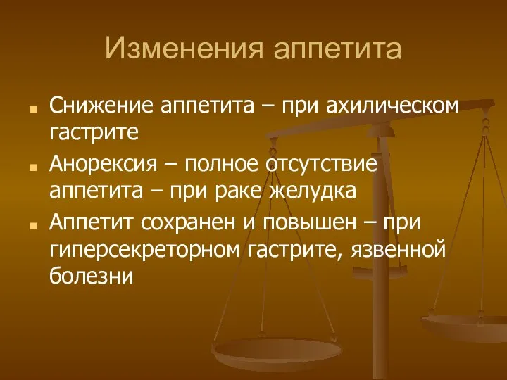 Изменения аппетита Снижение аппетита – при ахилическом гастрите Анорексия – полное