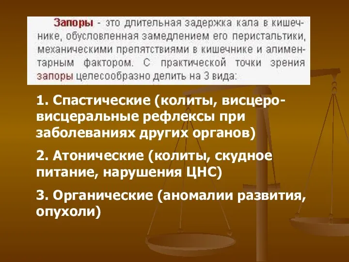 1. Спастические (колиты, висцеро-висцеральные рефлексы при заболеваниях других органов) 2. Атонические