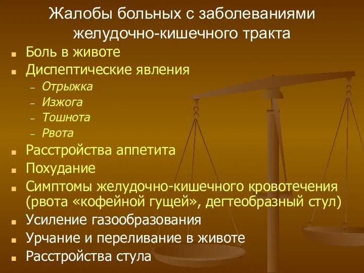 Жалобы больных с заболеваниями желудочно-кишечного тракта Боль в животе Диспептические явления