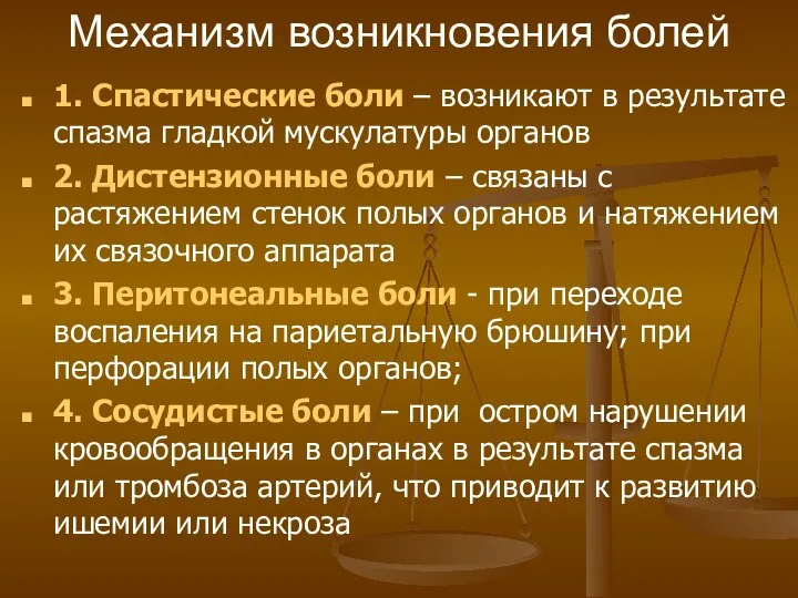 Механизм возникновения болей 1. Спастические боли – возникают в результате спазма