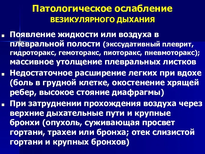 Появление жидкости или воздуха в плевральной полости (экссудативный плеврит, гидроторакс, гемоторакс,