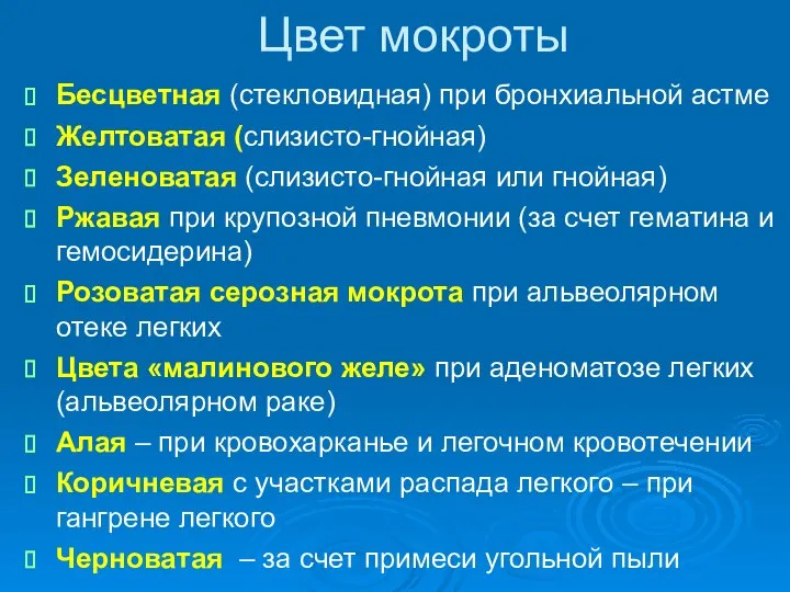 Цвет мокроты Бесцветная (стекловидная) при бронхиальной астме Желтоватая (слизисто-гнойная) Зеленоватая (слизисто-гнойная