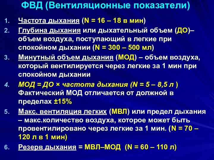 ФВД (Вентиляционные показатели) Частота дыхания (N = 16 – 18 в