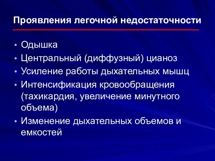 Проявления легочной недостаточности Одышка Центральный (диффузный) цианоз Усиление работы дыхательных мышц