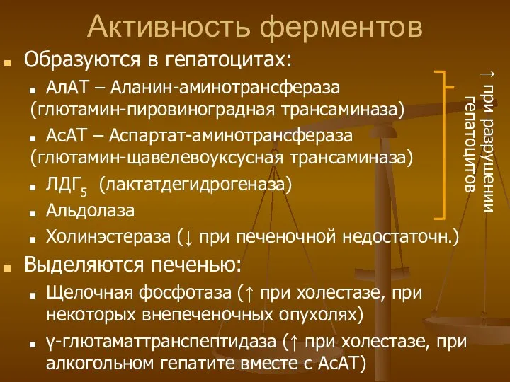 Активность ферментов Образуются в гепатоцитах: АлАТ – Аланин-аминотрансфераза (глютамин-пировиноградная трансаминаза) АсАТ