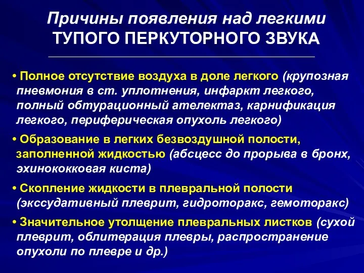 Причины появления над легкими ТУПОГО ПЕРКУТОРНОГО ЗВУКА Полное отсутствие воздуха в