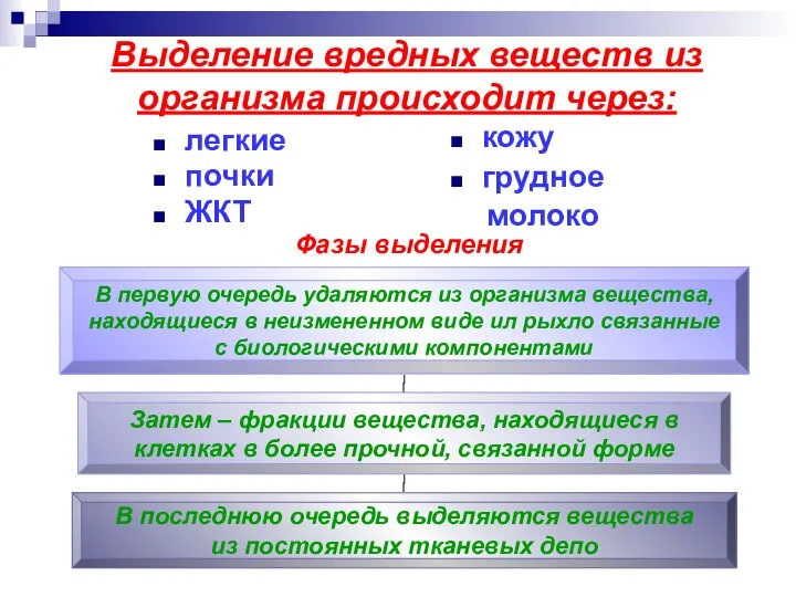 Выделение вредных веществ из организма происходит через: легкие почки ЖКТ Фазы выделения кожу грудное молоко