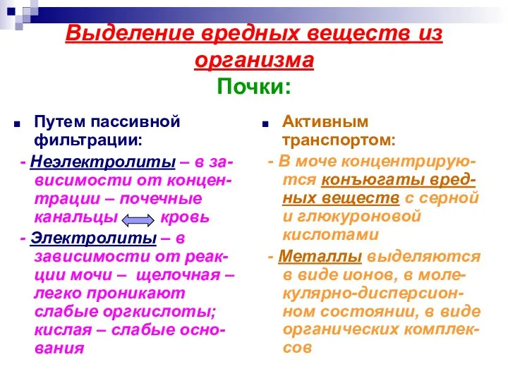 Выделение вредных веществ из организма Почки: Путем пассивной фильтрации: - Неэлектролиты