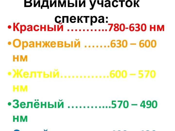 Видимый участок спектра: Красный ………..780-630 нм Оранжевый …….630 – 600 нм