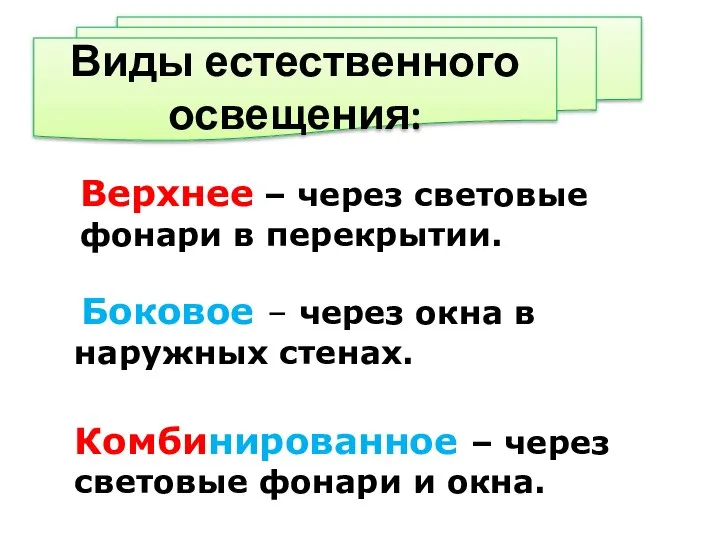 Верхнее – через световые фонари в перекрытии. Боковое – через окна